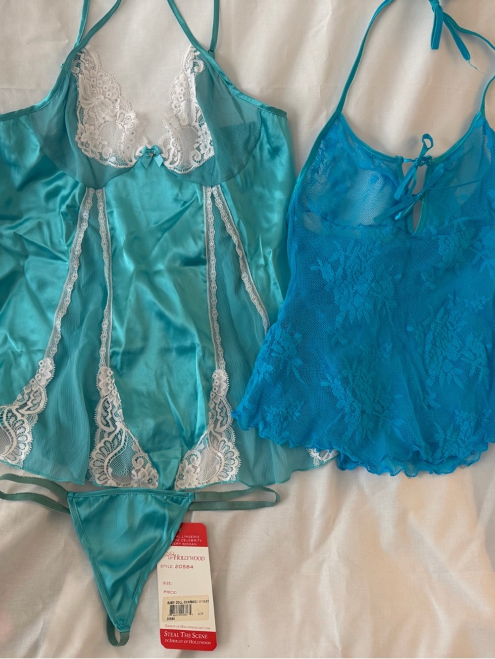 Shirley of Hollywood Teal & Turquoise Lace-Trim Chemise + Blue Lace Cami Set